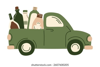 Retro farm pickup truck filled bottles grocery products from supermarket or farmer market. Organic fresh vegetables in the car for eco-friendly design of food delivery, Vector illustration in flat
