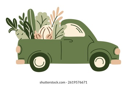 Retro farm pickup truck filled green grocery products from supermarket or farmer market. Organic fresh vegetables in the car for eco-friendly design of food delivery, Vector illustration in flat style
