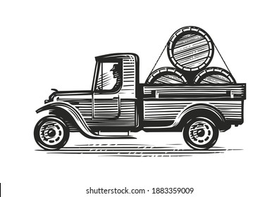 Retro Farm Truck With Barrels Of Wine Or Other Alcohol. Agriculture Sketch Vintage Vector Illustration