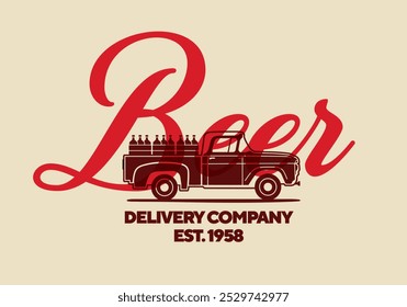 Retro farm truck with crates of beer or other alcohol. Delivery beer vintage logo.