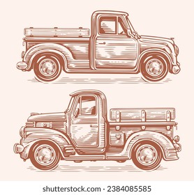 Retro farm truck in sketch style. Vintage pickup car. Hand drawn vector illustration