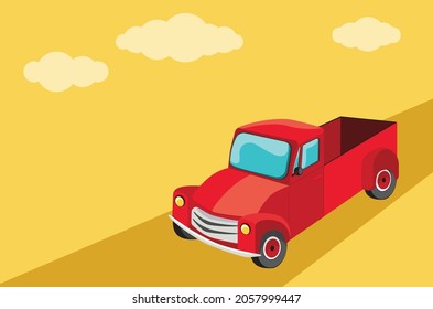 Retro farmer red pickup truck, vintage transport illustration.