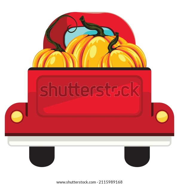 Retro farmer red pickup truck with\
pumpkins, vintage transport\
illustration.
