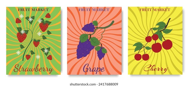 Retro farmers market posters with berries and fruits. Berry and fruit branches of vector strawberries, cherries and grapes. Vector illustration.