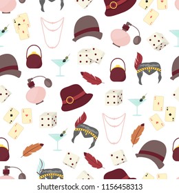 Retro fashion 1920s 1930s accessories seamless pattern background women hats, clothes, jewelry vector illustration. Chicago party jazz style. Old-fashioned twenties hairstyle and accessory.