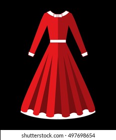 Retro Fashion. Beautiful Long Red Dress with cuffs, collar and waistband. Skirt with lush ruffles. Women's clothing. Evening attire. Vintage style. Scarlet color.
