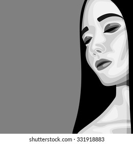 Retro fashion beauty Portrait of Woman with with closed Eyes, long Hair and perfect Skin. Vector Makeup Illustration