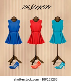 Retro fashion boutique background with colorful dresses and shoes. Vector 