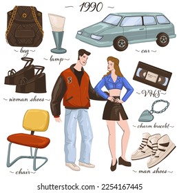 Retro fashion and clothes of 1990s, boy and girl wearing stylish outfits. Vintage car, bag and shoes, modern minimalist chair and lamp, cassette and chain, sneakers and shoes. Vector in flat style