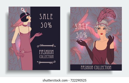 Retro fashion. Costume party or mafia game discount banner template. Flapper girl. Vintage background set (1920's style). Vector illustration for glamour party, thematic wedding. 