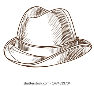 Retro fashion design of hat isolated sketch male headdress or vintage accessory vector garment with stripe monochrome drawing head, covering or headwear mens wear shopping old-fashioned vogue style