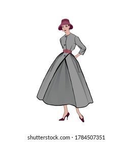 Retro fashion dressed woman in grey coat (1950's 1960's style): Stylish young lady in vintage clothes. Autumn Fashion party silhouettes from 60s.
