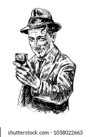 Retro fashion fifties smiling man holding a glass of wine. Gentleman with fedora hat wearing suit and trench.Vector black and white picture, american detective, poster, sign usage. Style noir