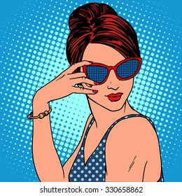 Retro fashion girl in sunglasses. Beautiful woman at the resort pop art style