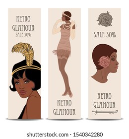 Retro fashion: glamour girl of twenties (African American woman). Vector illustration. Vintage party invitation design template. Fancy black lady.