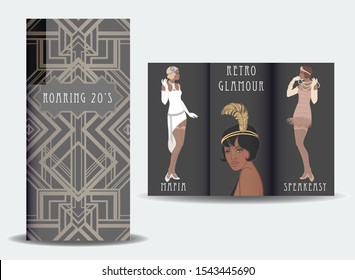 Retro fashion: glamour girl of twenties (African American woman). Vector illustration. Vintage party invitation design template. Fancy black lady.