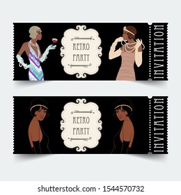 Retro fashion: glamour girl of twenties (African American woman). Vector illustration. Vintage party invitation design template. Fancy black lady.