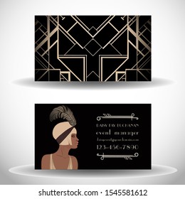 Retro fashion: glamour girl of twenties (African American woman). Vector illustration. Vintage party invitation design template. Fancy black lady.