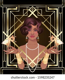 Retro fashion: glamour girl of twenties (African American woman). Vector illustration. Flapper  20's style. Vintage party invitation design template. Fancy black lady.  