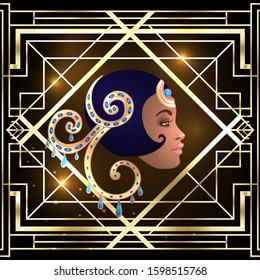 Retro fashion: glamour girl of twenties (African American woman). Vector illustration. Flapper  20's style. Vintage party invitation design template. Fancy black lady.  