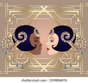 Retro fashion: glamour girl of twenties (African American woman). Vector illustration. Flapper  20's style. Vintage party invitation design template. Fancy black lady.  