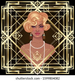 Retro fashion: glamour girl of twenties (African American woman). Vector illustration. Flapper  20's style. Vintage party invitation design template. Fancy black lady.  