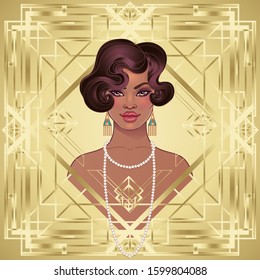 Retro fashion: glamour girl of twenties (African American woman). Vector illustration. Flapper  20's style. Vintage party invitation design template. Fancy black lady.  