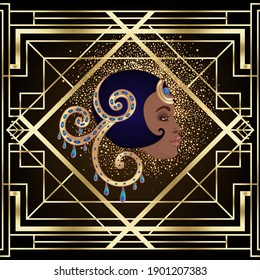 Retro fashion: glamour girl of twenties (African American woman). Vector illustration. Flapper  20's style. Vintage party invitation design template. Fancy black lady.  