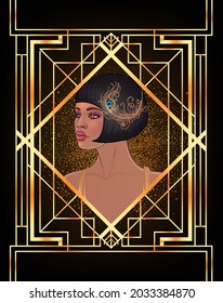 Retro fashion: glamour girl of twenties (African American woman). Vector illustration. 20's style. Vintage party invitation design template. Fancy black lady.  