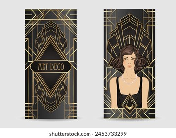 Retro fashion, glamour girl of twenties. Asian pretty woman. Vector illustration. Flapper 20s style. Vintage party invitation design template. 