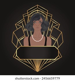 Retro-Mode, Glamour-Mädchen der Zwanziger. Afroamerikanerin. Vektorillustration. Flapper 20er Jahre Stil. Vorlage des Entwurfs für Einladungen klassischer Parteien.