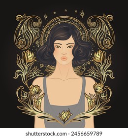 Retro fashion, glamour girl of twenties. Asian pretty woman. Vector illustration. Flapper 20s style. Vintage party invitation design template. 