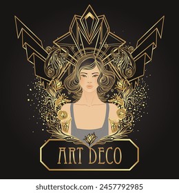 Retro fashion, glamour girl of twenties. Asian pretty woman. Vector illustration. Flapper 20s style. Vintage party invitation design template. 