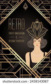 Moda retro, chica glamour de los años veinte. Mujer bonita asiática. Ilustración vectorial. Estilo Flapper 20s. Plantilla de diseño de invitación de fiesta de Antiguas. 