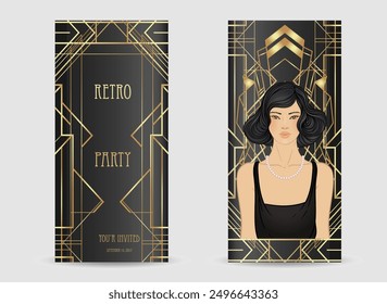 Retro fashion, glamour girl of twenties. Asian pretty woman. Vector illustration. Flapper 20s style. Vintage party invitation design template.