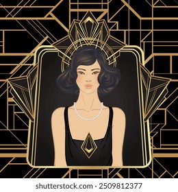 Retro fashion, glamour girl of twenties. Asian pretty woman. Vector illustration. Flapper 20s style. Vintage party invitation design template.