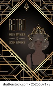 Moda retro, chica glamurosa de los años 20. Mujer afroamericana. Ilustración vectorial. Flapper 20s estilo. Plantilla de diseño de invitación de fiesta de Antiguas.