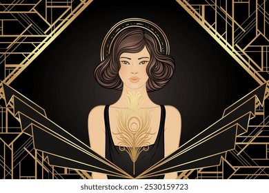 Moda retrô, menina glamour de vinte anos. Mulher asiática bonita. Ilustração vetorial. Estilo Flapper 20s. Modelo de design de convite de parte vintage. 