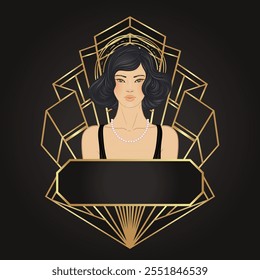 Retro fashion, glamour girl of twenties. Asian woman. Vector illustration. Flapper 20s style. Vintage party invitation design template. Fancy asian lady.