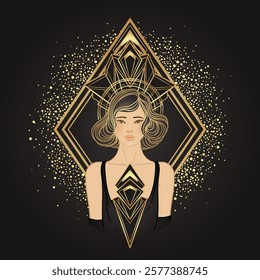 Retro fashion, glamour girl of twenties. Asian pretty woman. Vector illustration. Flapper 20s style. Vintage party invitation design template.