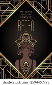 Retro fashion, glamour girl of twenties. African American woman. Vector illustration. Flapper 20s style. Vintage party invitation design template.