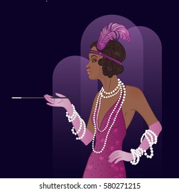 Retro fashion: glamour girl of twenties (African American woman). Vector illustration. Flapper  20's style. Vintage party invitation design template.