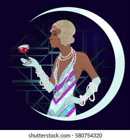 Retro fashion: glamour girl of twenties (African American woman). Vector illustration. Flapper  20's style. Vintage party invitation design template. Fancy black lady.