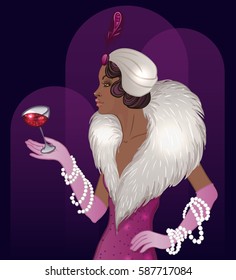 Retro fashion: glamour girl of twenties (African American woman). Vector illustration. Flapper  20's style. Vintage party invitation design template. Fancy black lady.