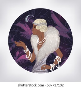 Retro fashion: glamour girl of twenties (African American woman). Vector illustration. Flapper  20's style. Vintage party invitation design template. Fancy black lady.