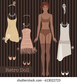 Retro fashion: glamour girl of twenties (African American woman). Vector illustration. Flapper  20's style. Vintage party invitation design template. Fancy black lady.