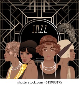 Retro fashion: glamour girl of twenties (African American woman). Vector illustration. Flapper  20's style. Vintage party invitation design template. Fancy black lady.  