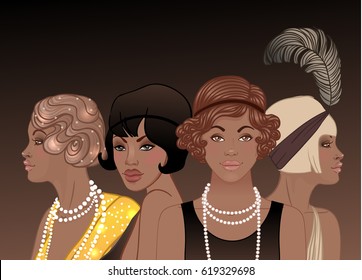Retro fashion: glamour girl of twenties (African American woman). Vector illustration. Flapper  20's style. Vintage party invitation design template. Fancy black lady.  