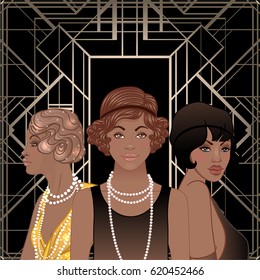 Retro fashion: glamour girl of twenties (African American woman). Vector illustration. Flapper  20's style. Vintage party invitation design template. Fancy black lady.  