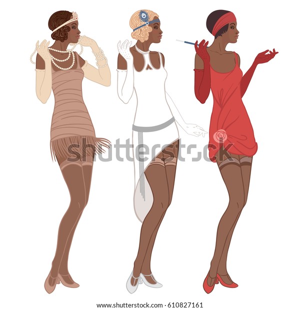 レトロなファッション 代のグラマー娘 アフリカ系アメリカ人女性 ベクターイラスト フラッパーのスタイル ビンテージパーティの招待デザインテンプレート 高級な黒人女性 のベクター画像素材 ロイヤリティフリー